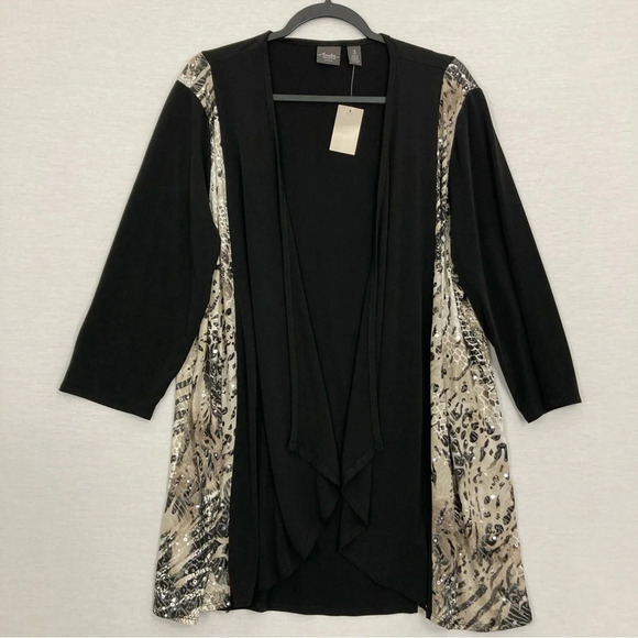 New Chico’s Travelers Black Tan Shimmering Animal Print Stretch Cardigan XL/3 - Picture 1 of 11
